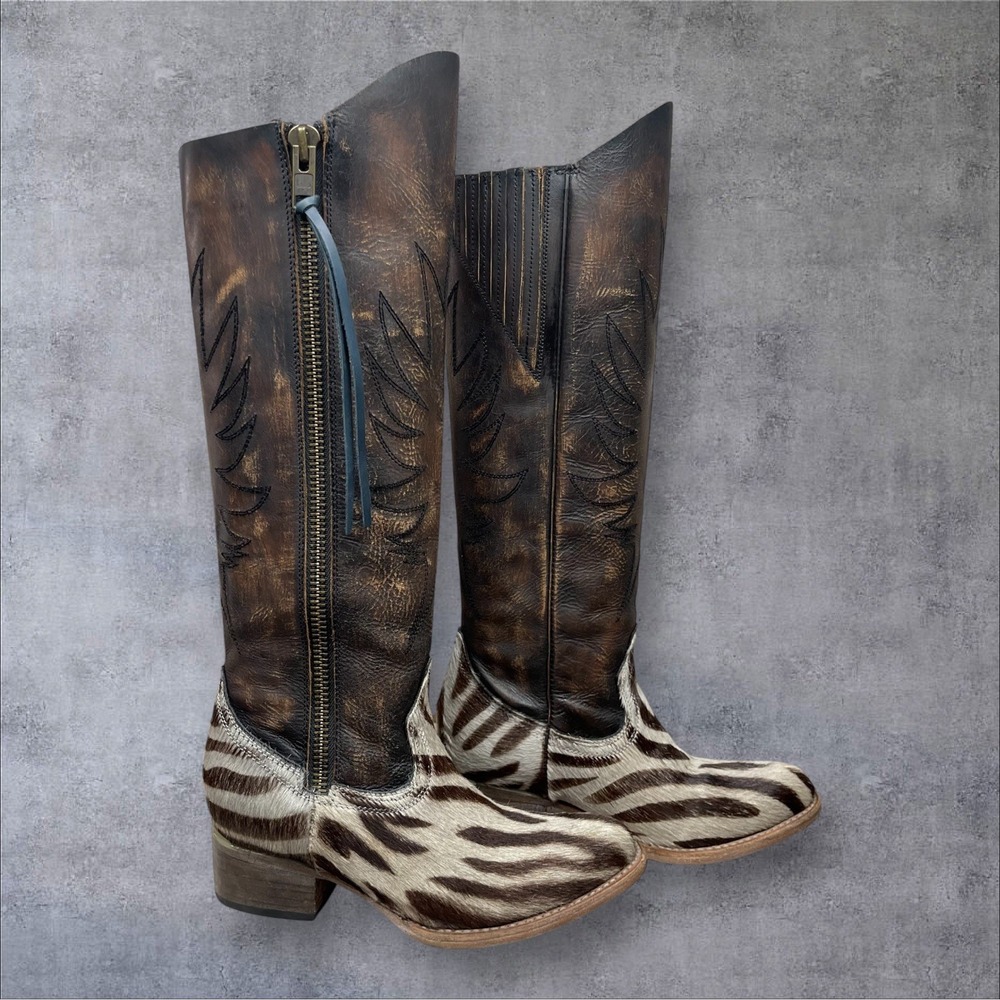 Freebird By Steven Whisper Brown Zebra Hair On Hide Brown Leather Boots Womens 8